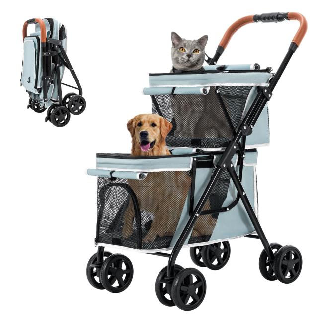 LPOTIUS ペットカート 多頭 上下2段式 ペットバギー ワンタッチ 折りたたみ コンパクト 収納 犬用ベビーカー 4輪 前輪360°回転 後輪ブレ