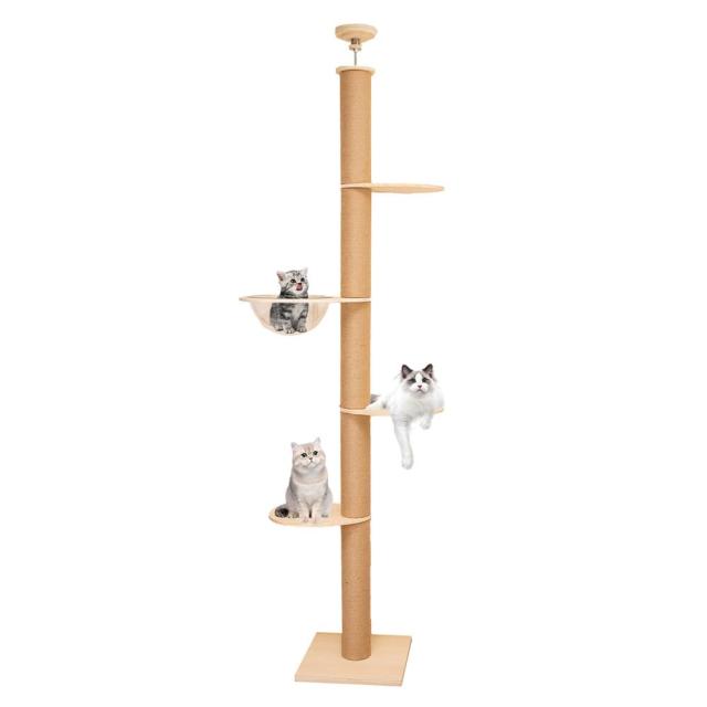 PETTIFUL キャットタワー 突っ張り 木製 ハンモック無料おまけ シニア スリム 木登り シンプル キャットツリー 猫タワー 太い支柱 大型猫