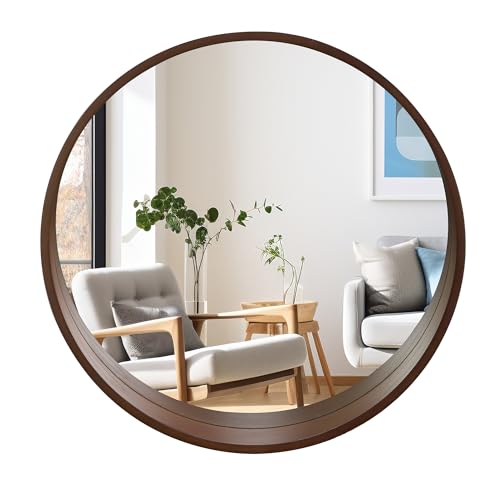 Browgrow 壁掛けミラー 木製 鏡 壁掛け鏡 丸型ミラー ウォールミラー 天然木フレーム 丸鏡 円形ミラー 飛散防止 洗面 玄関 化粧 (ブラウの通販は 7,852円