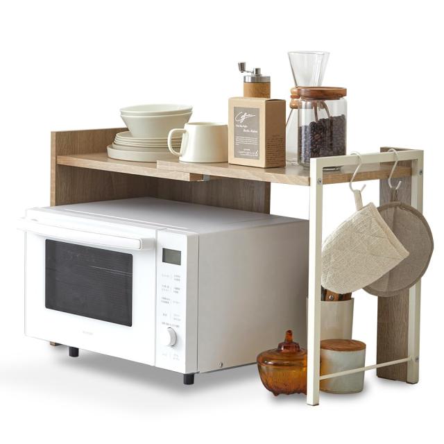 アイリスオーヤマ レンジラック レンジ台 キッチンラック 棚 キッチン収納 伸縮タイプ(幅約43cm~73.7cm) ホワイト×ナチュラル キッチン