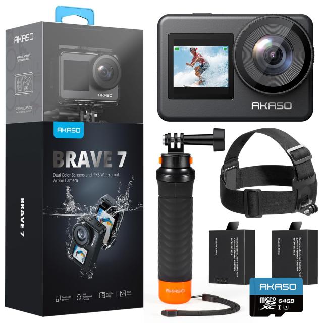 AKASO Brave7 アクションカメラ 4K アクションカム 64GBカード付き IPX8本機防水10M 水中カメラ 6軸手ぶれ補正 フローティングハンド+ヘ