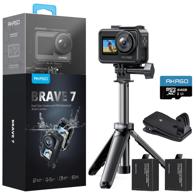 AKASO Brave7 アクションカメラ 4K アクションカム 64GBカード付き IPX8本機防水10M 水中カメラ 6軸手ぶれ補正 バックパッククリップ+ミ