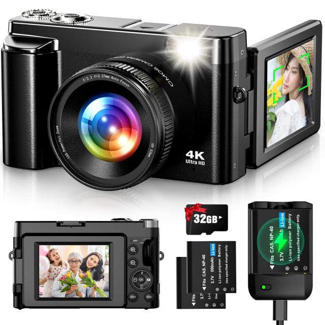 Oiadek デジタルカメラ 4K 4800万画素 デジカメ 32GBマイクロSDカード付き バッテリー充電器付き オートフォーカス機能 180度回転可能デ