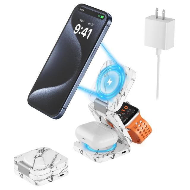 KU XIU X55 ワイヤレス充電器 3in1 マグネット 大理石調ホワイト Mag-Safe対応 充電スタンド マグネット充電器 5-15W出力 折り畳み 急速