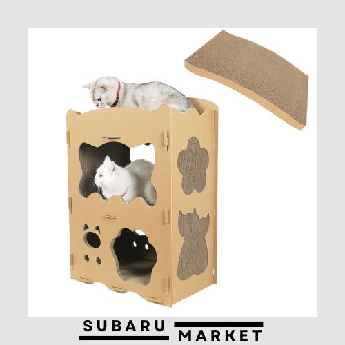 【RAKU】新型猫用爪とぎ 天板２枚付き キャットハウス キャットタワー ダンボールハウス 爪とぎ兼ベッド 猫箱 二階 組み立て式 高密度段の通販は 7,605円