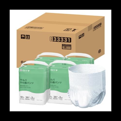 サルバ 白十字 パンツタイプ やわ楽 M~L 2回吸収 26枚×4個 大人用紙おむつ【モレを防ぐ長めのフィットアップギャザー採用】【ケース販売