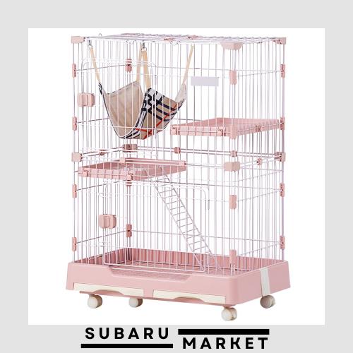 BTM キャットケージ 2段 猫 ケージ ハンモック付 引出しトレー付 キャスター付 天井扉 ペットケージ キャットハウス 留守番 保護 脱走防