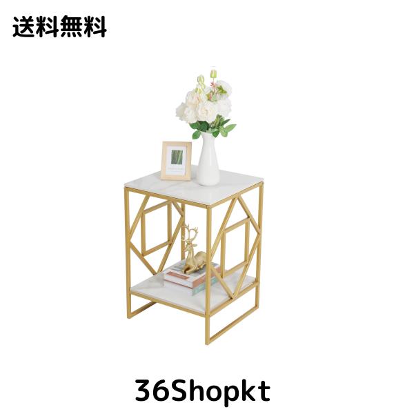 UNHO サイドテーブル ナイトテーブル ベッドサイドテーブル 大理石 ゴールドアイアン ソファ横 ベッド横 コーヒーテーブル 白 おしゃれ の通販は