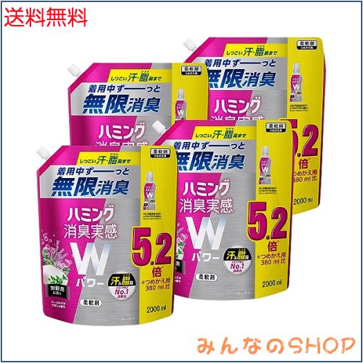 【ケース販売】ハミング消臭実感Wパワー 柔軟剤 しつこい汗・脂臭まで、着用中ず~っと無限消臭 ハーバルデオサボンの香り 詰替え 2,000ml