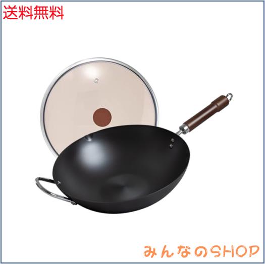 WANGYUANJI中華鍋 無塗装、フライパン32cm 錆びない窒化鉄鍋 揚げ物、炒め物、肉料理など調理可 深型鉄北京鍋 蓋付き IH・ガス対応