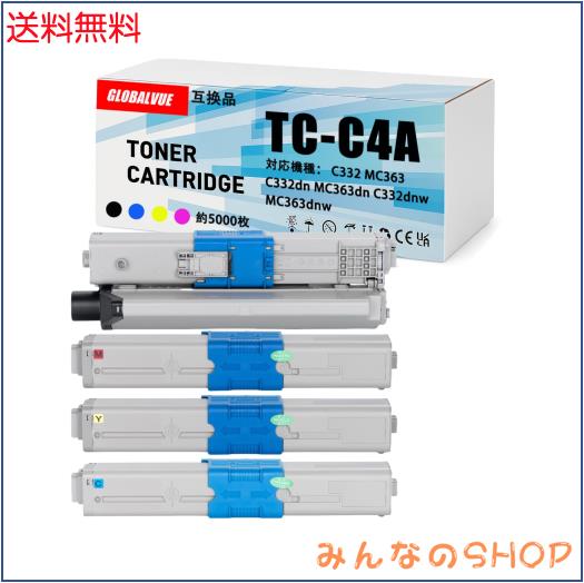 OKI用 TC-C4AK2 互換トナーカートリッジ 4色セット (TC-C4AK2/TC-C4AC2/TC-C4AM2/TC-C4AY2)大容量 ICチップ搭載 印刷可能枚数：約5000枚