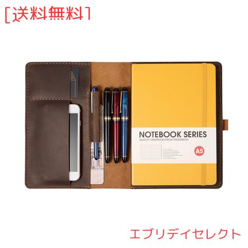 ROTERDON ノートカバー 手帳カバー A5 本革 スケジュール帳カバー 二つ折り 手縫い 収納ポケット搭載 手作り オリジナルノート メモ帳 カ