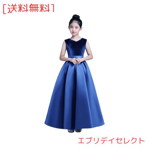 [Ｋａｙｉｙａｓｕ] 子供 ロング ドレス ピアノ 発表会 Vネック サテン ワンピース 女の子 フォーマル 結婚式 ノースリーブ エレガント