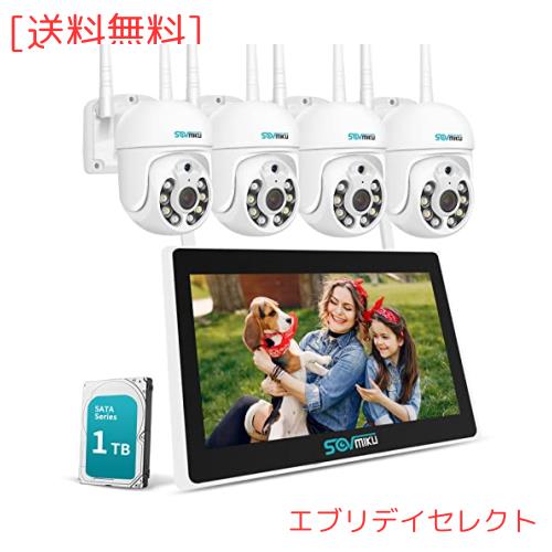 Sovmiku 10インチモニタ一体型NVR 1296P 500万画素ワイヤレスカメラ4台セット チャンネルまで増設可 双方向音声 360° PTZ機能カメラ 遠の通販は