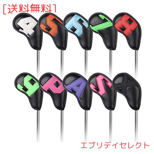 ゴルフアイアンカバー マグネット ウェッジカバー クラブヘッドカバー セット 10pcs(4-9,P,A,S,X) 両面ラフル番号 黒い合成皮革