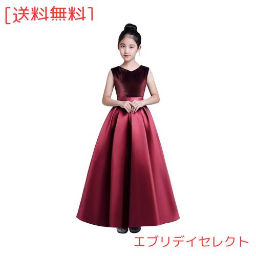 [Ｋａｙｉｙａｓｕ] 子供 ロング ドレス ピアノ 発表会 Vネック サテン ワンピース 女の子 フォーマル 結婚式 ノースリーブ エレガント