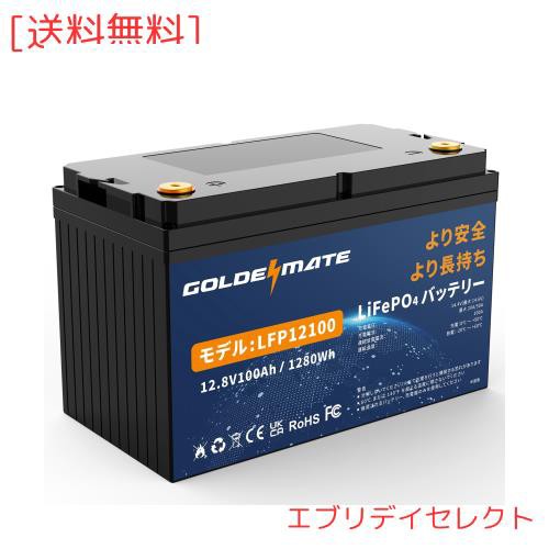 GOLDENMATE 12.8V 100Ah LiFePO4バッテリー リン酸鉄リチウムイオンバッテリー 1280Wh BMS内蔵100A 5000以上のサイクル 小型 高性能 キャ