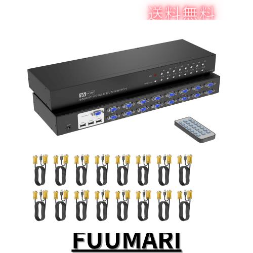 16 ポート KVM スイッチ、Yinker ラック KVM コンソール VGA 16入力 1出力 16本 KVMケーブル IRリモコン＆イヤー付き HD 1080P 1U ラック