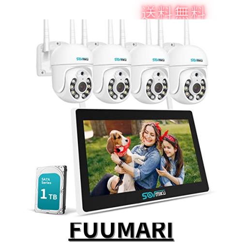 Sovmiku 10インチモニタ一体型NVR 1296P 500万画素ワイヤレスカメラ4台セット チャンネルまで増設可 双方向音声 360° PTZ機能カメラ 遠