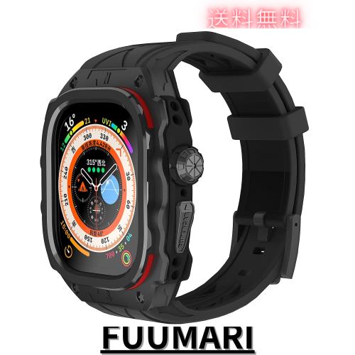 高級メタルケース Apple Watch Ultra 1/2 49mmバンド カバー付き 高耐久 頑丈なケース シリコンストラップ 男性用フル保護カバー (Black)