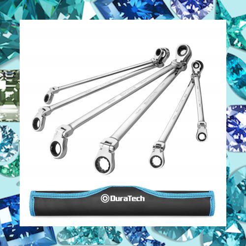 DURATECH ラチェットメガネレンチ フレックスラチェットレンチ ロングタイプ 8〜19mm 72ギア 両頭首振型 CR-V鋼製 鏡面仕上げ 収納バッグ