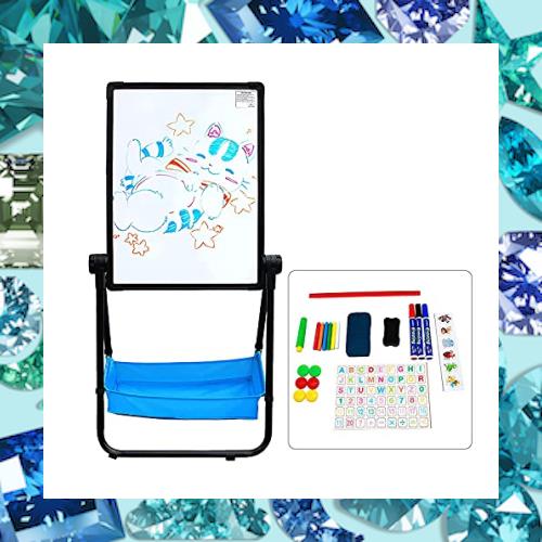 子供用イーゼル、黒板とホワイトボード両面的に使える、鉄製、折りたたみ式、360度回転、収納バスケット付き、高さ調整範囲63~107cm セン