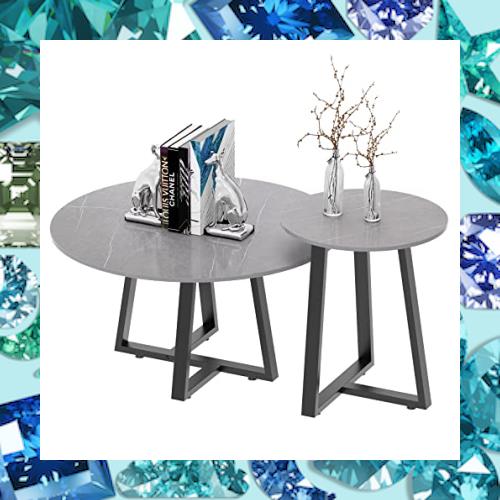 unho ネストテーブル 大小 2個セット 焼結石 石材 大理石柄 ローテーブル センターテーブル グレー リビングテーブル 大きめ 家具 おしゃの通販は