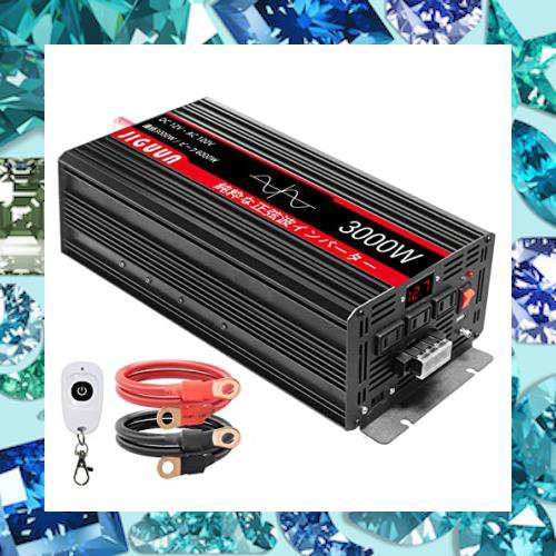 JIGUUN インバーター 正弦波 12V 3000W最大電力6000W DC 12V AC 100V変換 50HZ/60HZ 切り替え可能、AC コンセント×4、USBソケット×1 、