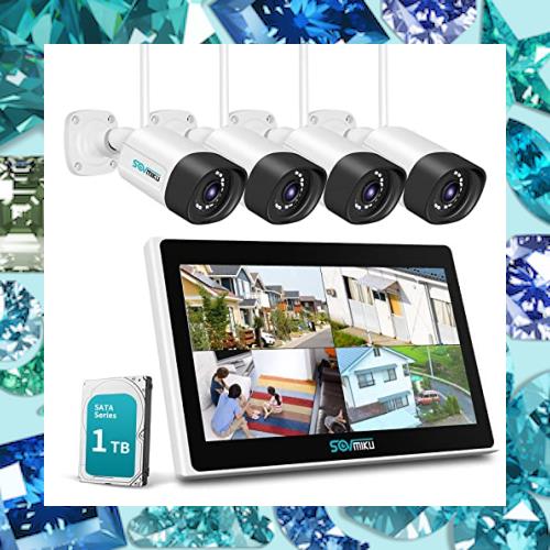 【500万画素・双方向音声】 防犯カメラ ワイヤレスSovmiku 10インチ超 モニタ一体型NVR 1536P 500万画素ワイヤレスカメラ4台セット 8チャ