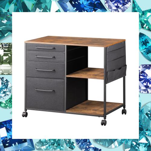 YeTom サイドキャビネット デスクワゴン 樹脂 布製 袖机 層板付き 4段 オフィスワゴン A4対応 プリンター台 大容量 キャスター付き デス