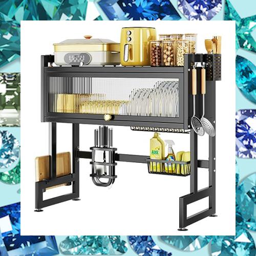 PFLife 水切りラック シンク上 大容量 2段式食器乾燥 ディッシュ キッチンドレイナー 滑り止め 収納棚 省スペース (幅105cm, ブラック)