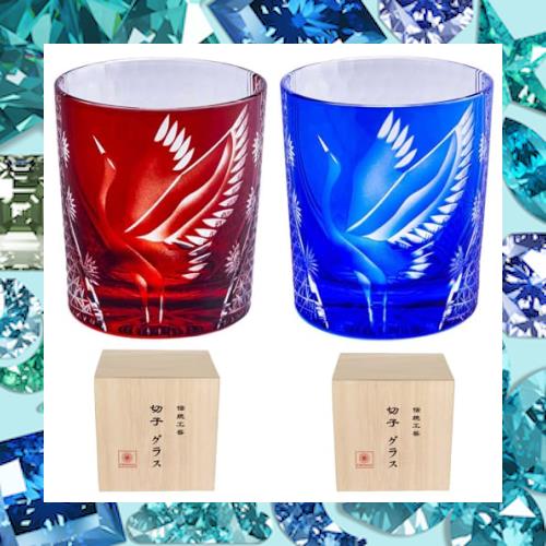 FONYUHUA 切子 グラス ロックグラス ペア おしゃれ 鶴 菊つなぎ 文様 桐箱入り お酒 日本酒 ビール ウイスキー グラス お祝い 還暦祝い
