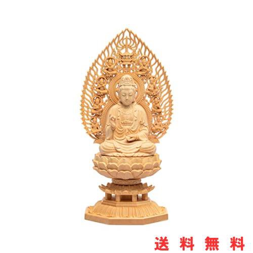 繁樓藝雕 仏像 仏壇仏像 観音菩薩 観音像 桧木製 木彫り 置物 飛天光背 八角台座 祈る 厄除け（高さ28cm×巾12cm×奥行12cm）の通販は