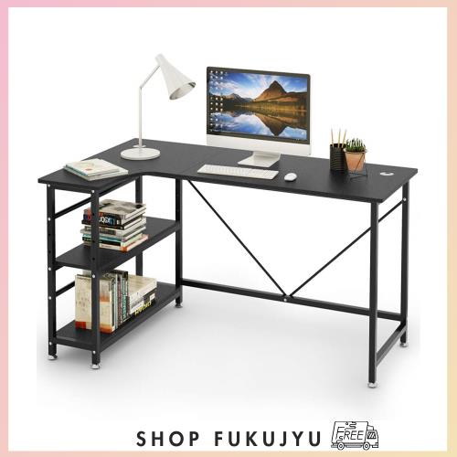 DEWEL コーナーデスク L字型 幅140cm モニターアーム取付対応 パソコンデスク テレワーク用 2段階収納ラック付き 木製 L字デスク 収納棚