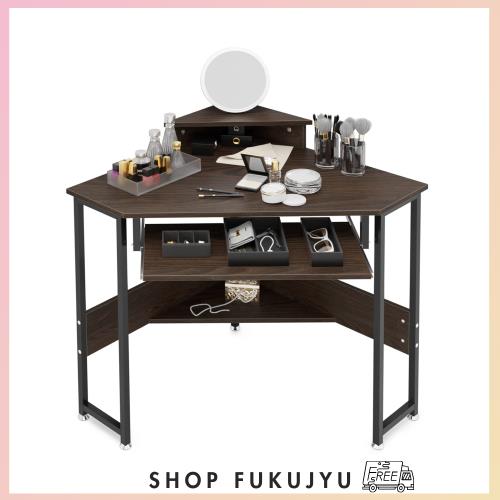 DEWEL コーナーデスク スライダー付き 高さ75cm 卓上台*下棚付き 幅72cm 奥行72cm PCデスク 三角つくえ 学習机 化粧台 鏡台 省スペース