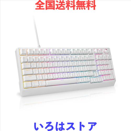 HUOJI ゲーミングキーボード USB有線 メカニカル 静音赤軸 テンキー付き 英語配列 ノブ付き サイド発光 LEDバックライト ゲーミング/オフ