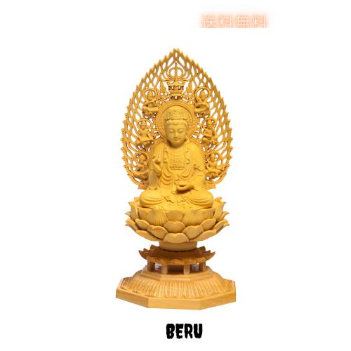 TheChanger 繁樓藝雕 仏像 観音像 観音菩薩 仏壇仏像 木彫り 置物 飛天光背 八角台座 柘植の木 祈る 厄除け（高さ17cm×巾8.5cm×奥行8.5