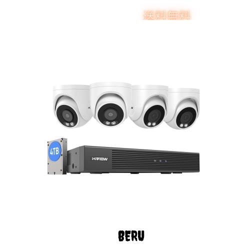 【4K画質・人体検知・発光威嚇】H.View 800万画素 ドーム型防犯カメラ 4台セット 有線 屋外 8MP PoE給電式 監視カメラ 家庭用 人体検知機