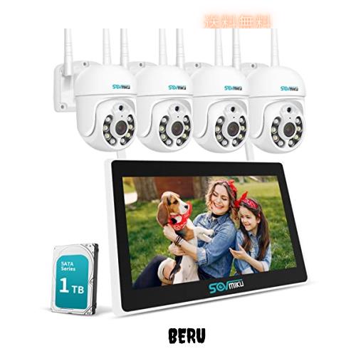 Sovmiku 10インチモニタ一体型NVR 1296P 500万画素ワイヤレスカメラ4台セット チャンネルまで増設可 双方向音声 360° PTZ機能カメラ 遠