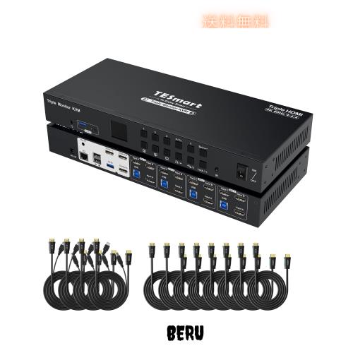 TESmart USB3.0 KVMスイッチ HDMI 4入力3出力 4ポート KVM HDMI 切替器 3モニター4パソコン EDID機能 4K@60Hz HDMI 切り替え器 マイクと