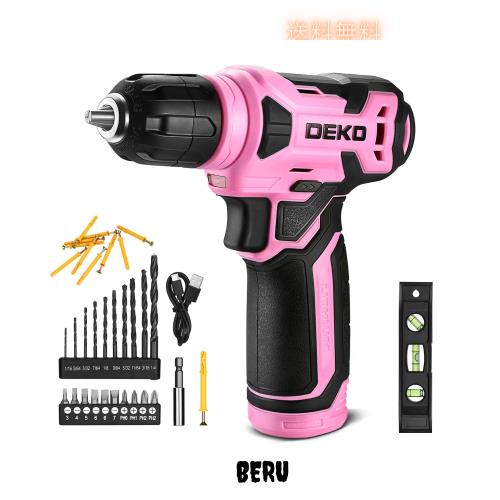DEKO 8V 電動ドリル ドリルドライバー 9.5mm キーレスチャック 42点組付属品付き LEDランプ Type-C充電ケーブル付き 電動穴あけ ネジ締付