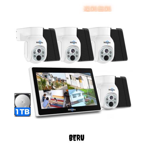【400万画素・電源不要】Hiseeu ソーラーパネルカメラ セット 10インチLCD液晶モニタ一体型NVR 8000mAh 遠隔監視 防水等級ip65 AI動体検