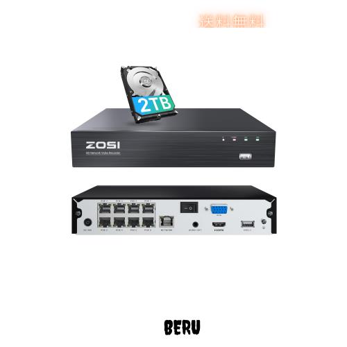 ZOSI 防犯リコーダー 8ch 2tb hdd 800万絵素 poe防犯リコーダー NVR ネットワークビデオレコーダー H.265+ ai有待 ai鉄道車両さぐり当てる ai顔さぐり当てる