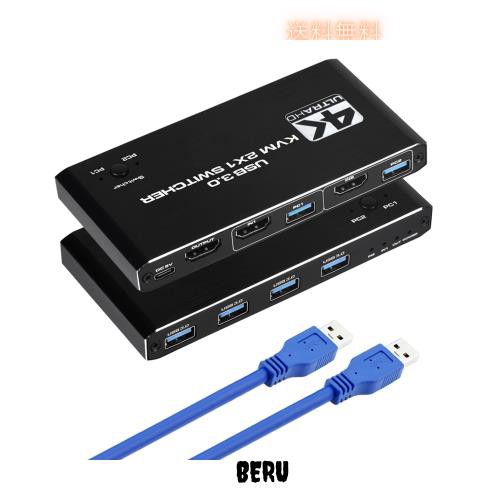HDMI KVMスイッチ 2x1 切替器 4K 60Hz KVM切替器 2入力1出力 HDMI 2.0ポート 4 USB KVMポート 1台のモニターで2台のパソコンを共有、ワイの通販は