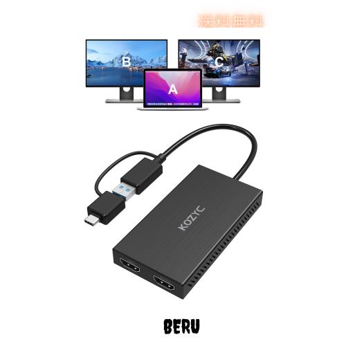 KOZYC USB 3.0からHDMIデュアルディスプレイアダプター、USB Aからスプリッター4K 30Hz + 1080P 60Hz、Windows、macOS用のPC、ノートパソ