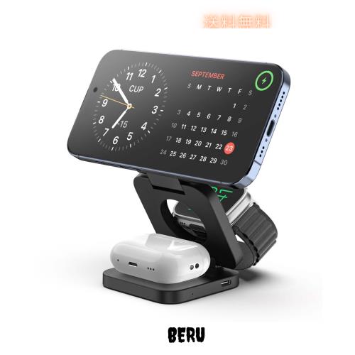 KUXIU X55 ワイヤレス充電器 3in1 マグセーフ充電器 magsafe スタンド 5-15W出力 急速充電 折り畳み 置くだけ充電 3台同時充電可能 iPhon