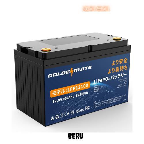 GOLDENMATE 12.8V 100Ah LiFePO4バッテリー リン酸鉄リチウムイオンバッテリー 1280Wh BMS内蔵100A 5000以上のサイクル 小型 高性能 キャ