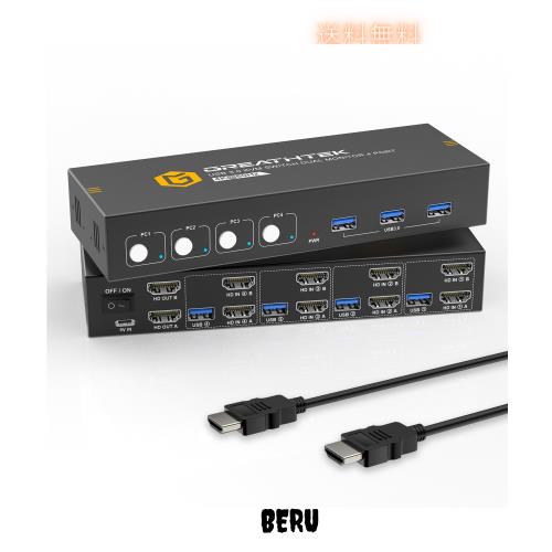 KVMスイッチ HDMI 4ポート、USB3.0 KVM デュアルモニター、UHD 4K@60Hz