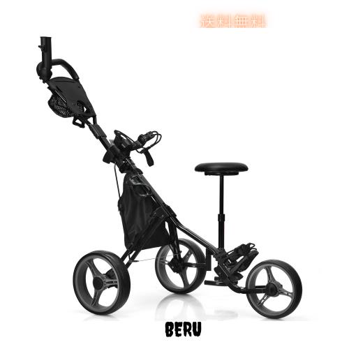 GYMAX ゴルフカート ゴルフキャリー 傘差しホルダー ゴルフバッグ収納 椅子付き 乗れる 3輪 折りたたみ 高さ調節可能 コンパクト(グレー)