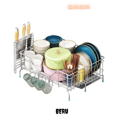 Kaderron スライド伸縮式 水切りラック 箸置き付き 包丁入れ 3連グラスホルダー 幅21-37cm×奥行58cm 省スペースに置ける シンク 水切り